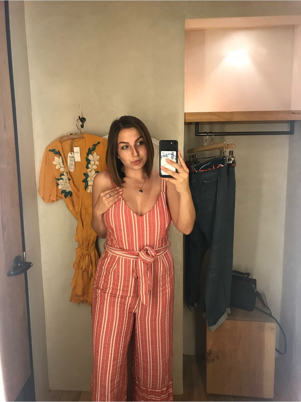 Anthropologie Coral and White Striped Maxi Jumpsuit with Tie Waist